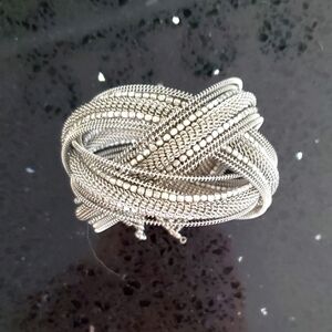 Vintage Silver Metal Memory Wire Braided Beaded Cuff Bracelet